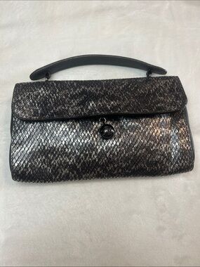 Furla Vintage Black leather Metallic Textured Top-Handle Clutch EUC